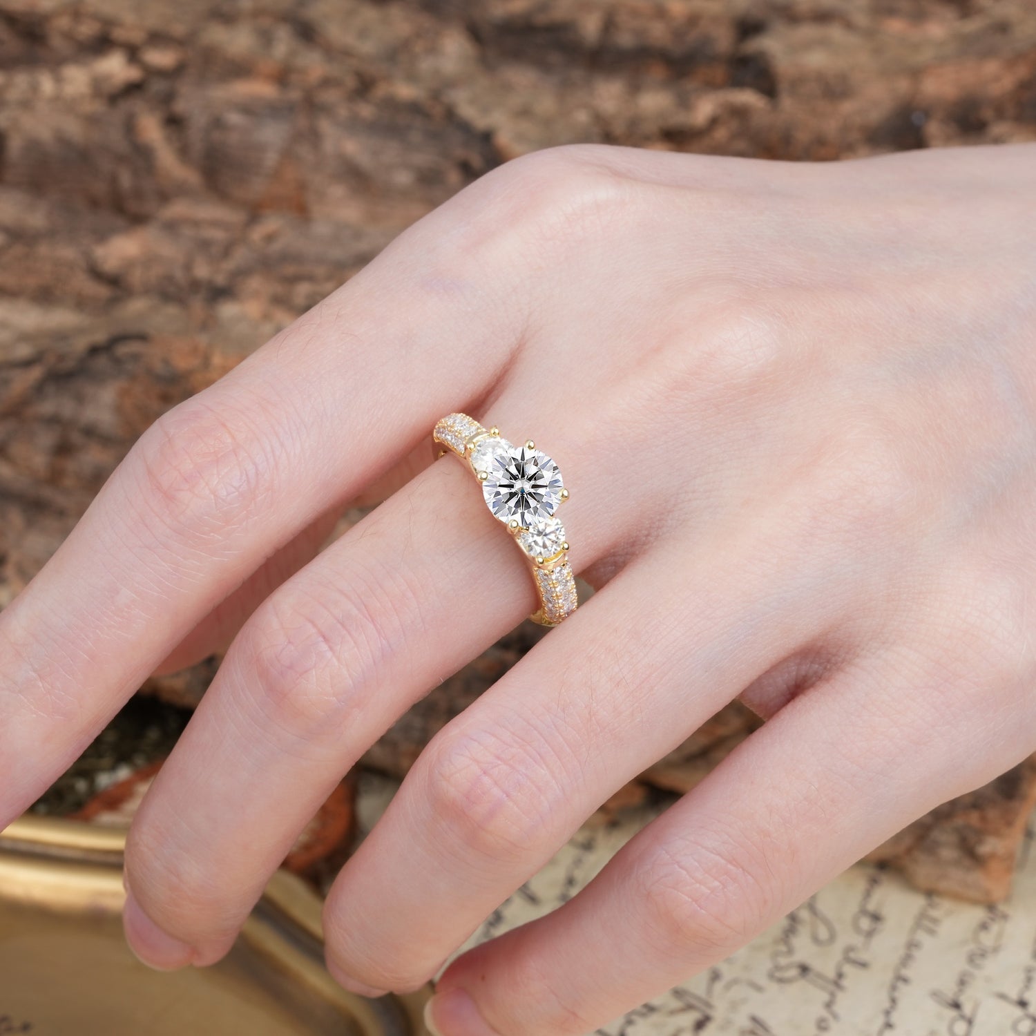 Luxurious Vintage Style Pavé Set Band, 4 Prong Round Cut Lab Diamond Three Stone Wedding Ring - Additional view