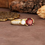 Luxurious Vintage Style Pavé Set Band, 4 Prong Round Cut Garnet Three Stone Wedding Ring - Additional view