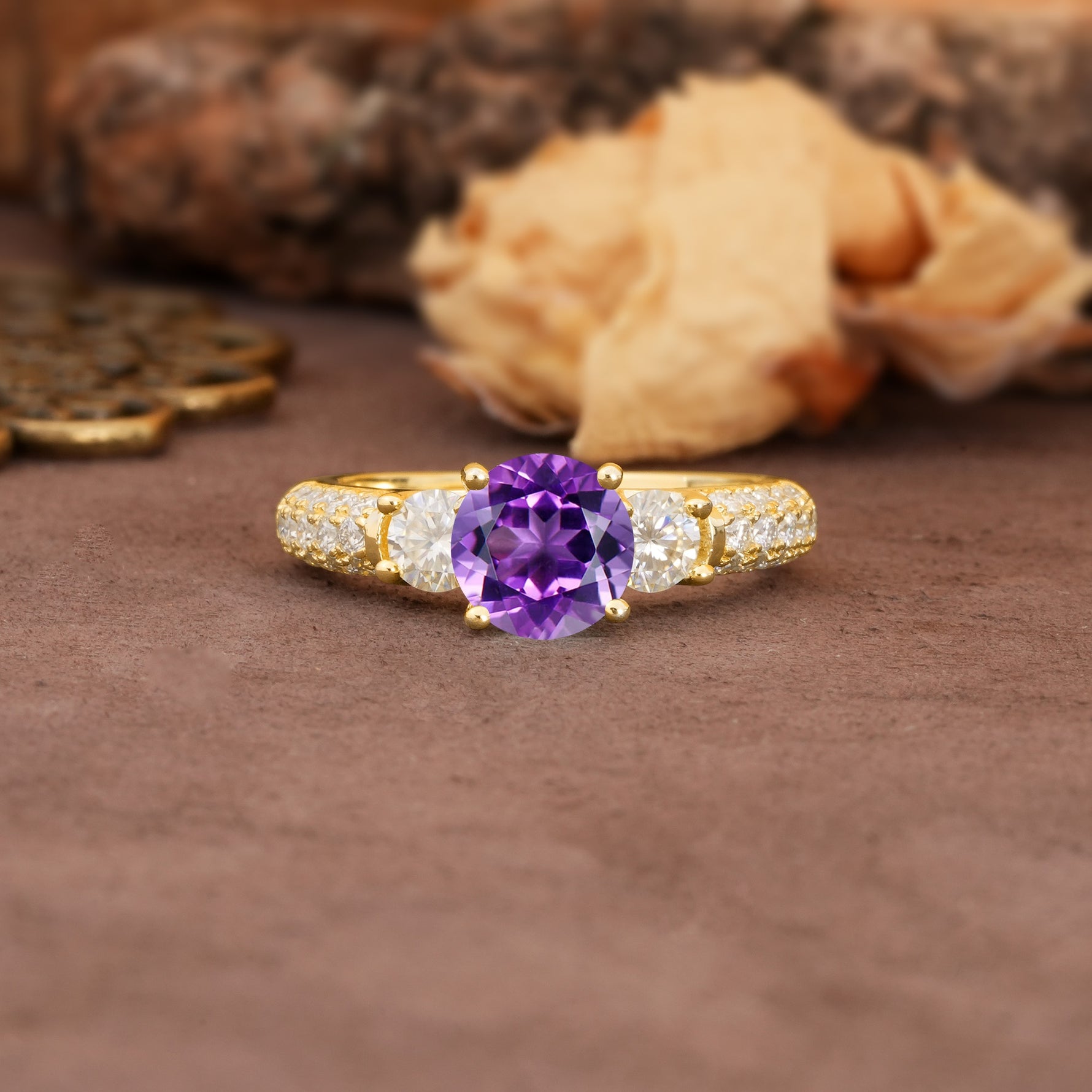 Luxurious Vintage Style Pavé Set Band, 4 Prong Round Cut Amethyst Three Stone Wedding Ring - Additional view