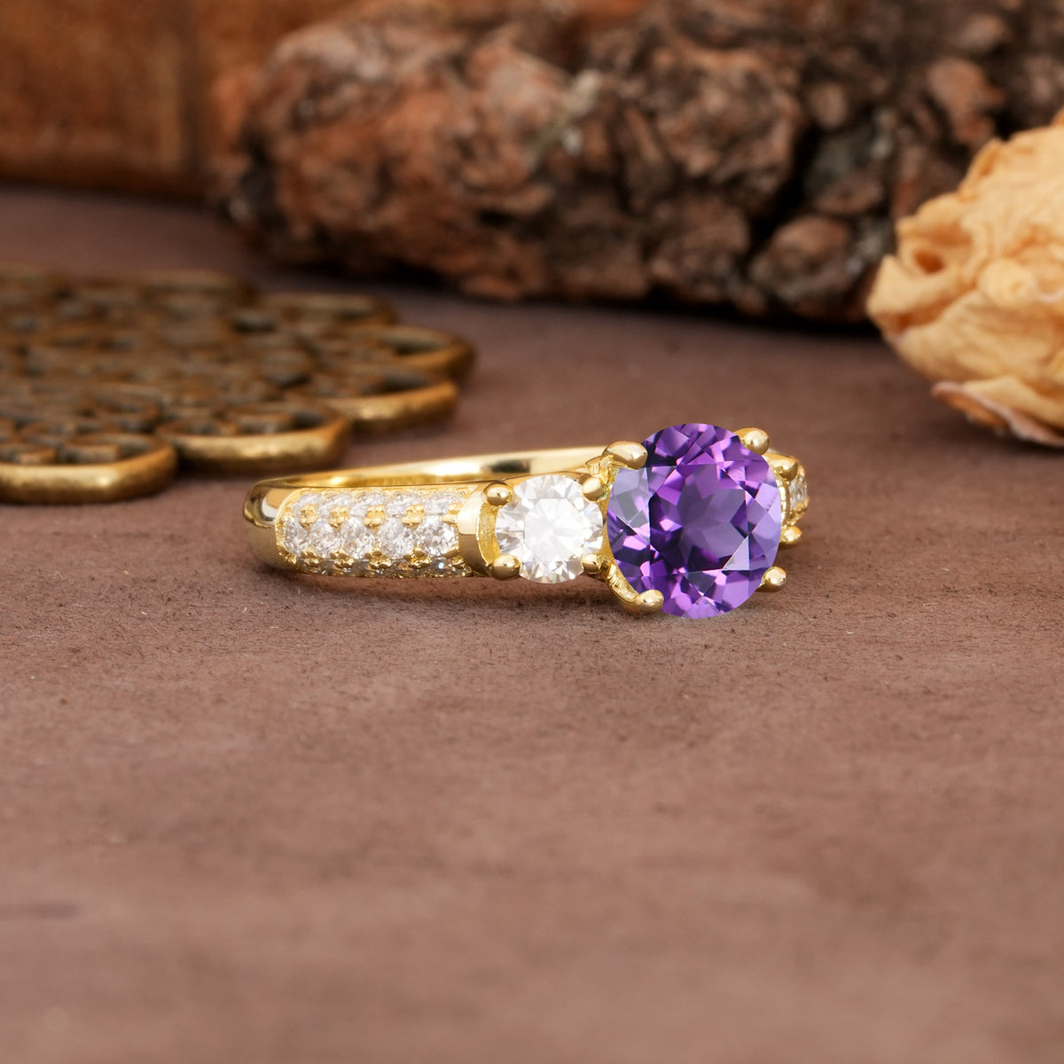 Luxurious Vintage Style Pavé Set Band, 4 Prong Round Cut Amethyst Three Stone Wedding Ring - Additional view