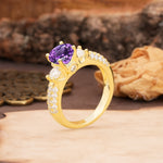 Luxurious Vintage Style Pavé Set Band, 4 Prong Round Cut Amethyst Three Stone Wedding Ring - Additional view