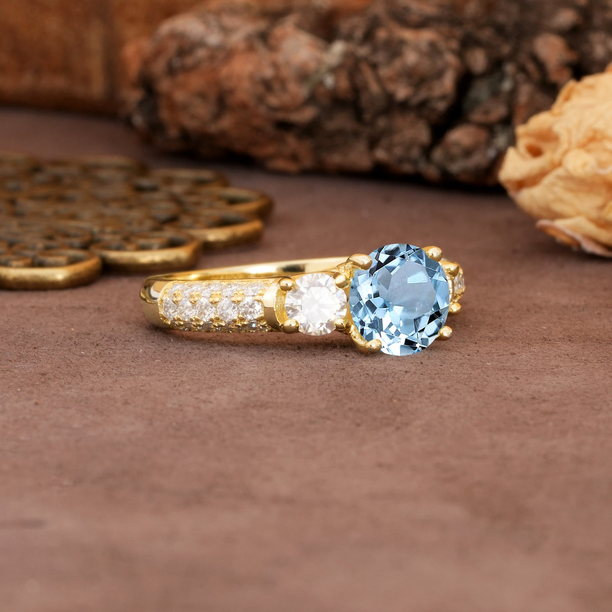 Luxurious Vintage Style Pavé Set Band, 4 Prong Round Cut Aquamarine Three Stone Wedding Ring - Additional view