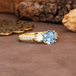 Luxurious Vintage Style Pavé Set Band, 4 Prong Round Cut Aquamarine Three Stone Wedding Ring - Additional view