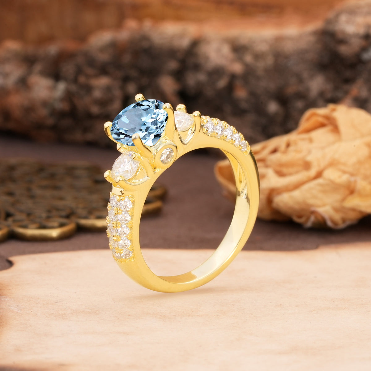 Luxurious Vintage Style Pavé Set Band, 4 Prong Round Cut Aquamarine Three Stone Wedding Ring - Additional view