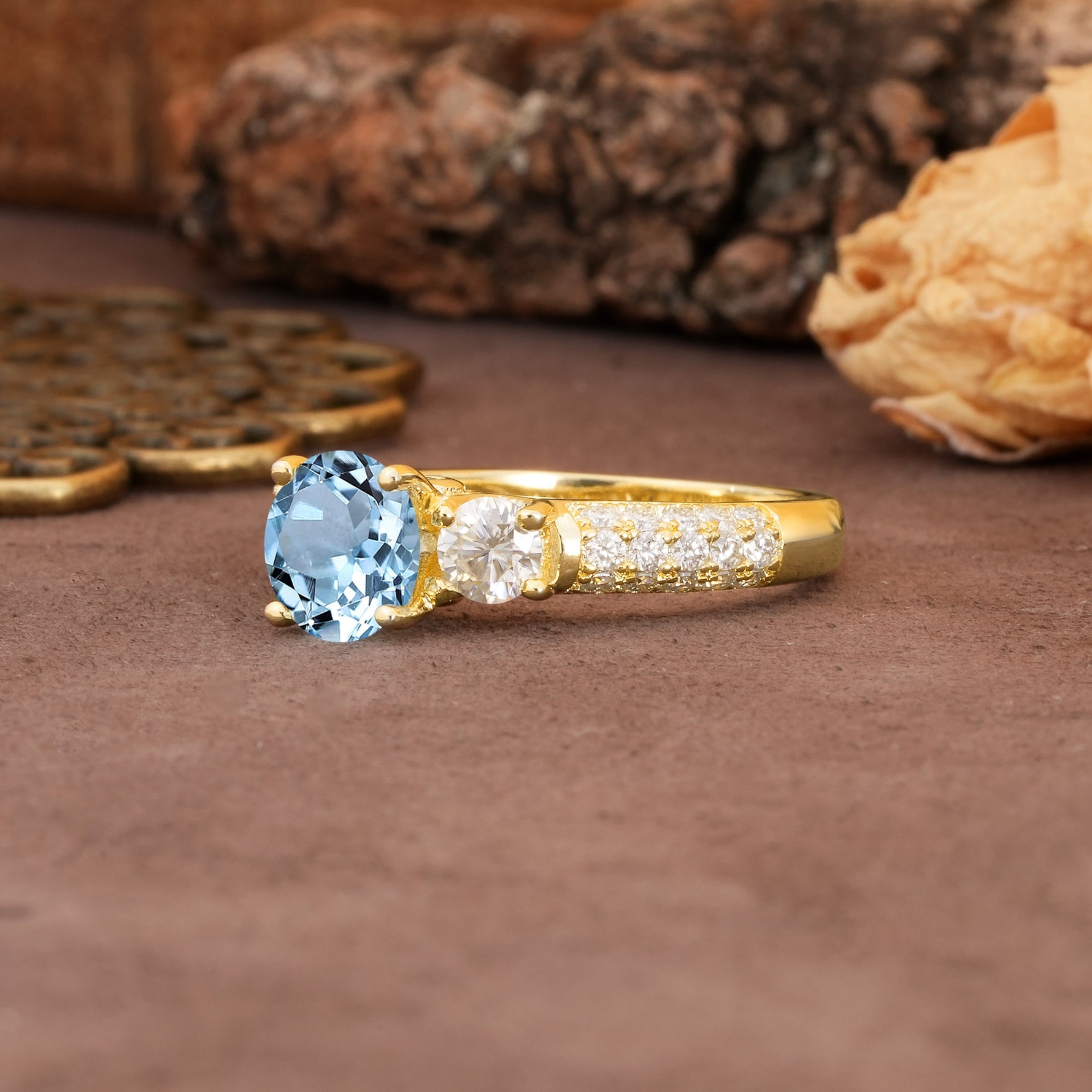Luxurious Vintage Style Pavé Set Band, 4 Prong Round Cut Aquamarine Three Stone Wedding Ring - Additional view