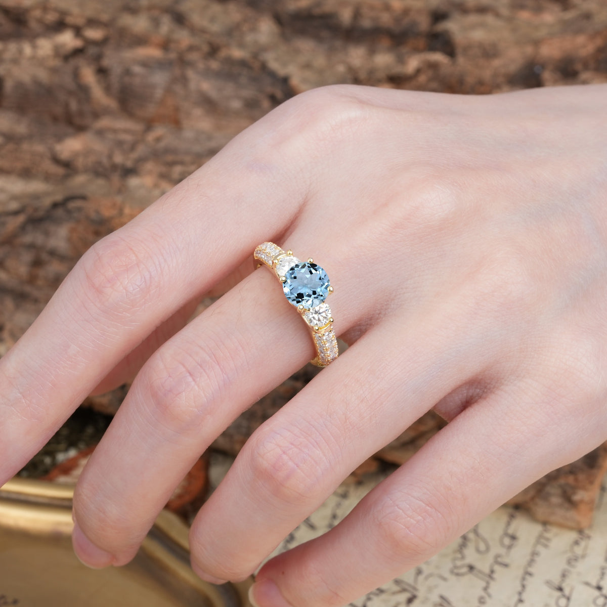 Luxurious Vintage Style Pavé Set Band, 4 Prong Round Cut Aquamarine Three Stone Wedding Ring - Additional view