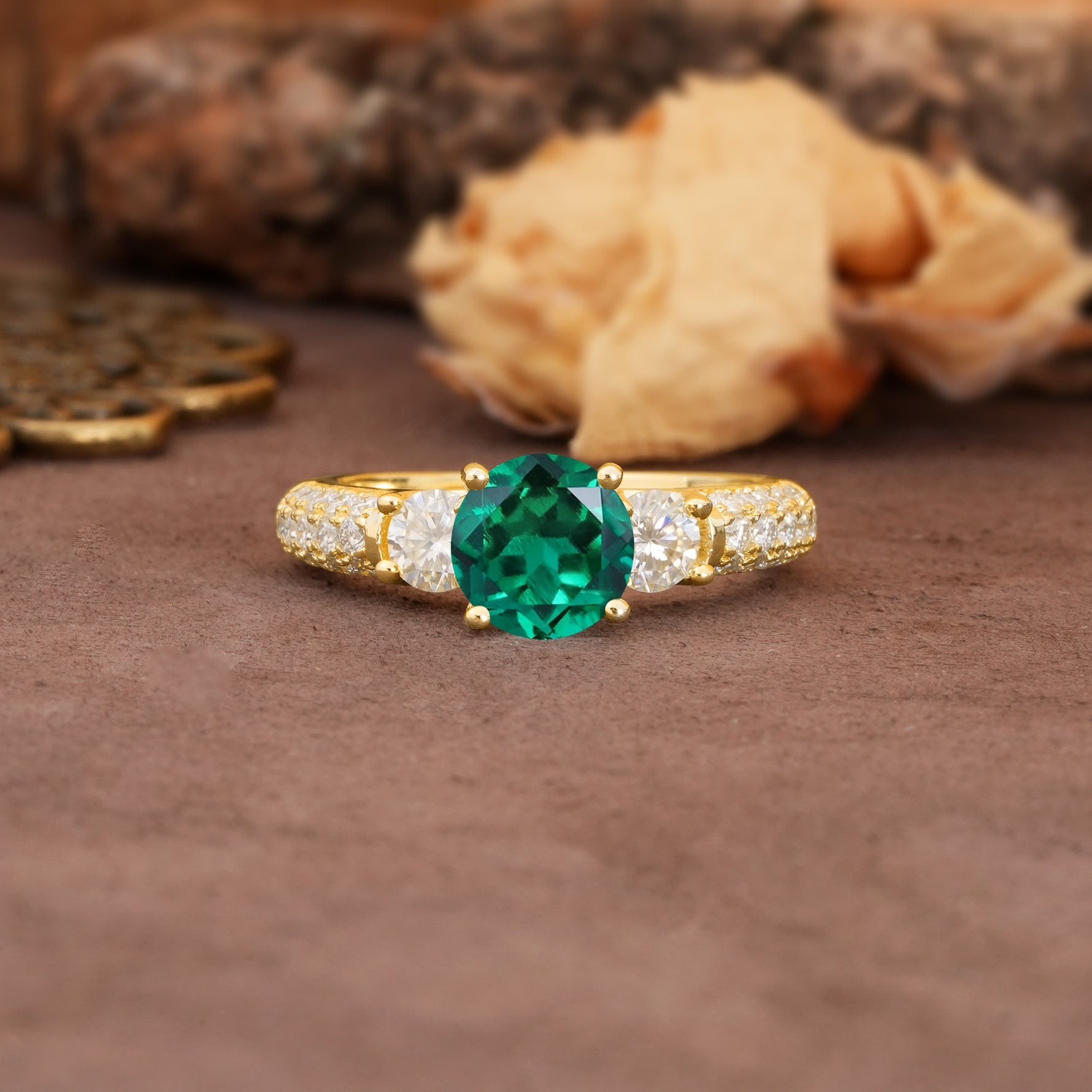 Luxurious Vintage Style Pavé Set Band, 4 Prong Round Cut Emerald Three Stone Wedding Ring - Additional view