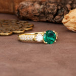 Luxurious Vintage Style Pavé Set Band, 4 Prong Round Cut Emerald Three Stone Wedding Ring - Additional view