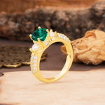 Luxurious Vintage Style Pavé Set Band, 4 Prong Round Cut Emerald Three Stone Wedding Ring - Additional view