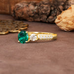 Luxurious Vintage Style Pavé Set Band, 4 Prong Round Cut Emerald Three Stone Wedding Ring - Additional view
