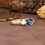 Luxurious Vintage Style Pavé Set Band, 4 Prong Round Cut Alexandrite Three Stone Wedding Ring - Additional view