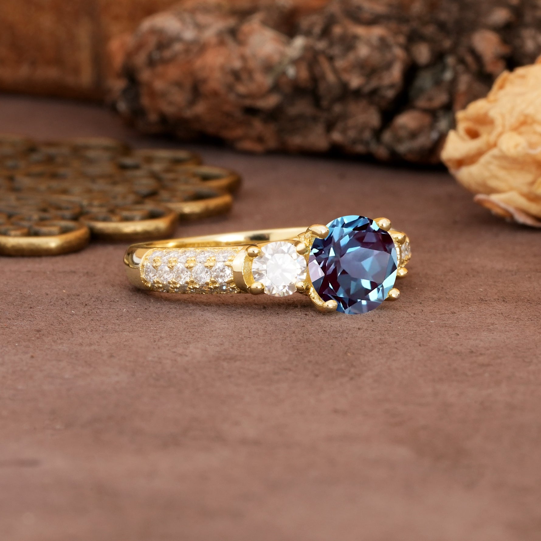 Luxurious Vintage Style Pavé Set Band, 4 Prong Round Cut Alexandrite Three Stone Wedding Ring - Additional view