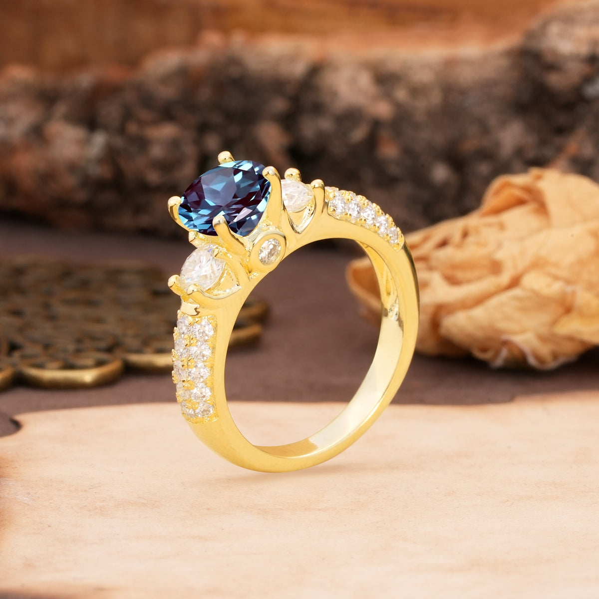 Luxurious Vintage Style Pavé Set Band, 4 Prong Round Cut Alexandrite Three Stone Wedding Ring - Additional view