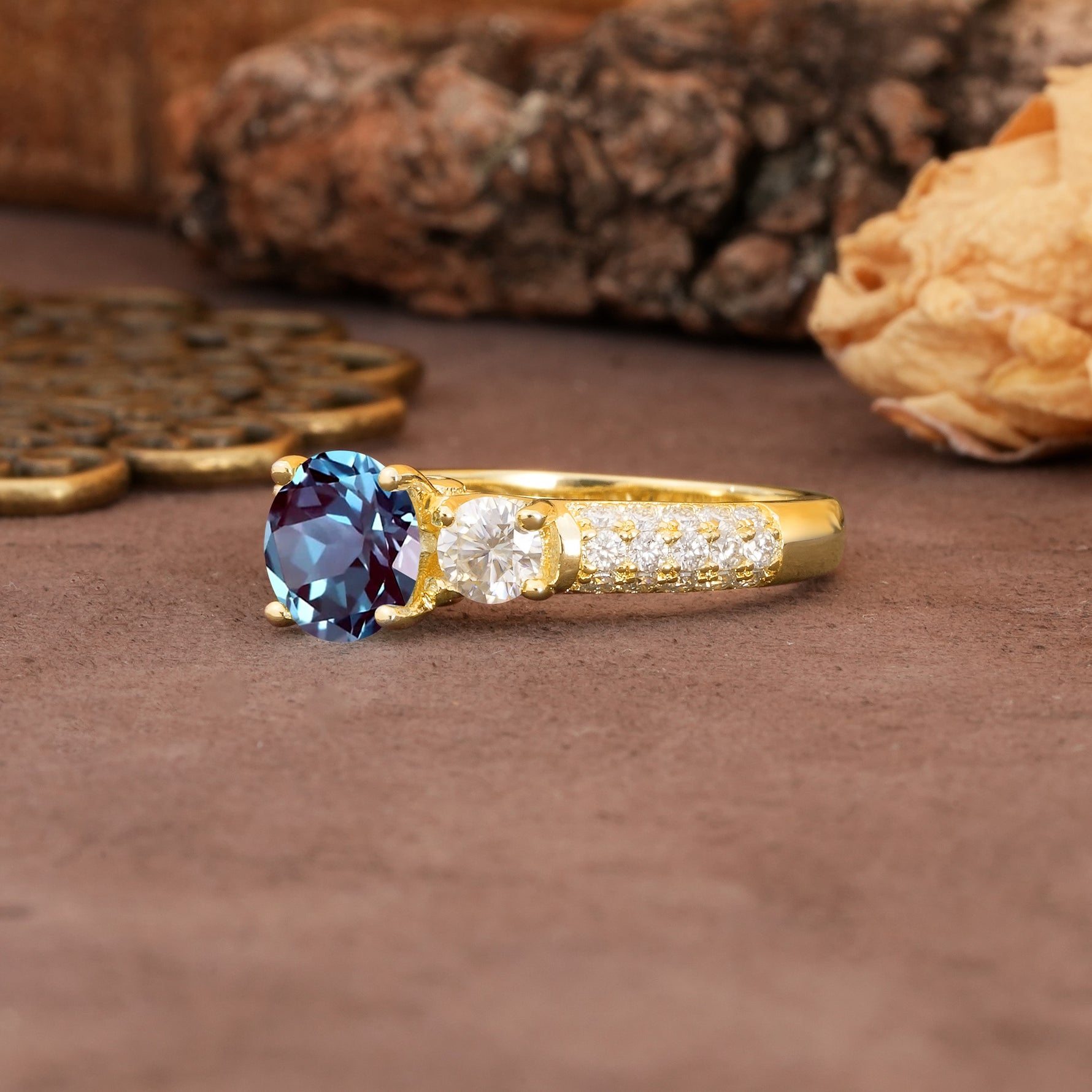 Luxurious Vintage Style Pavé Set Band, 4 Prong Round Cut Alexandrite Three Stone Wedding Ring - Additional view
