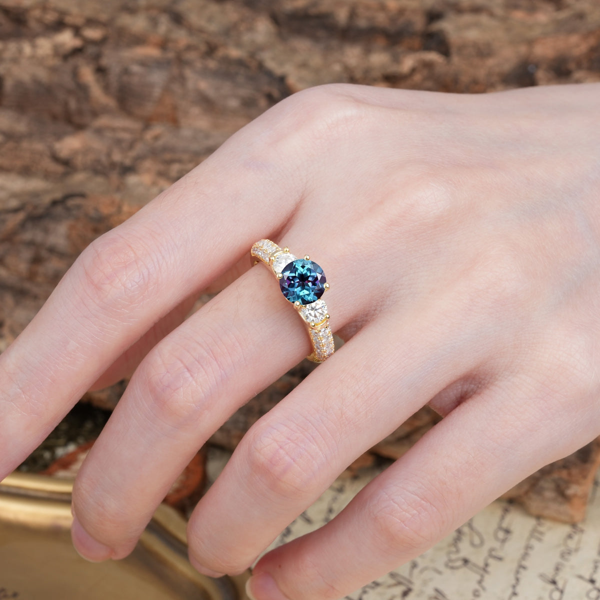 Luxurious Vintage Style Pavé Set Band, 4 Prong Round Cut Alexandrite Three Stone Wedding Ring - Additional view