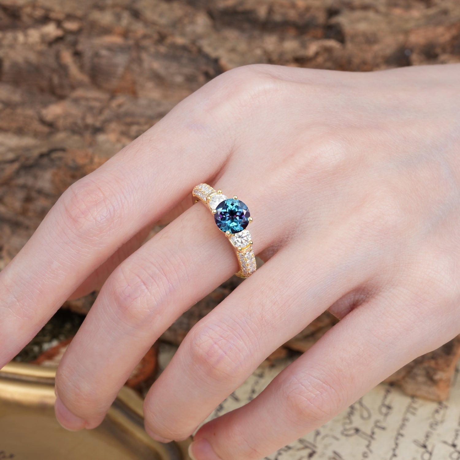 Luxurious Vintage Style Pavé Set Band, 4 Prong Round Cut Alexandrite Three Stone Wedding Ring - Additional view