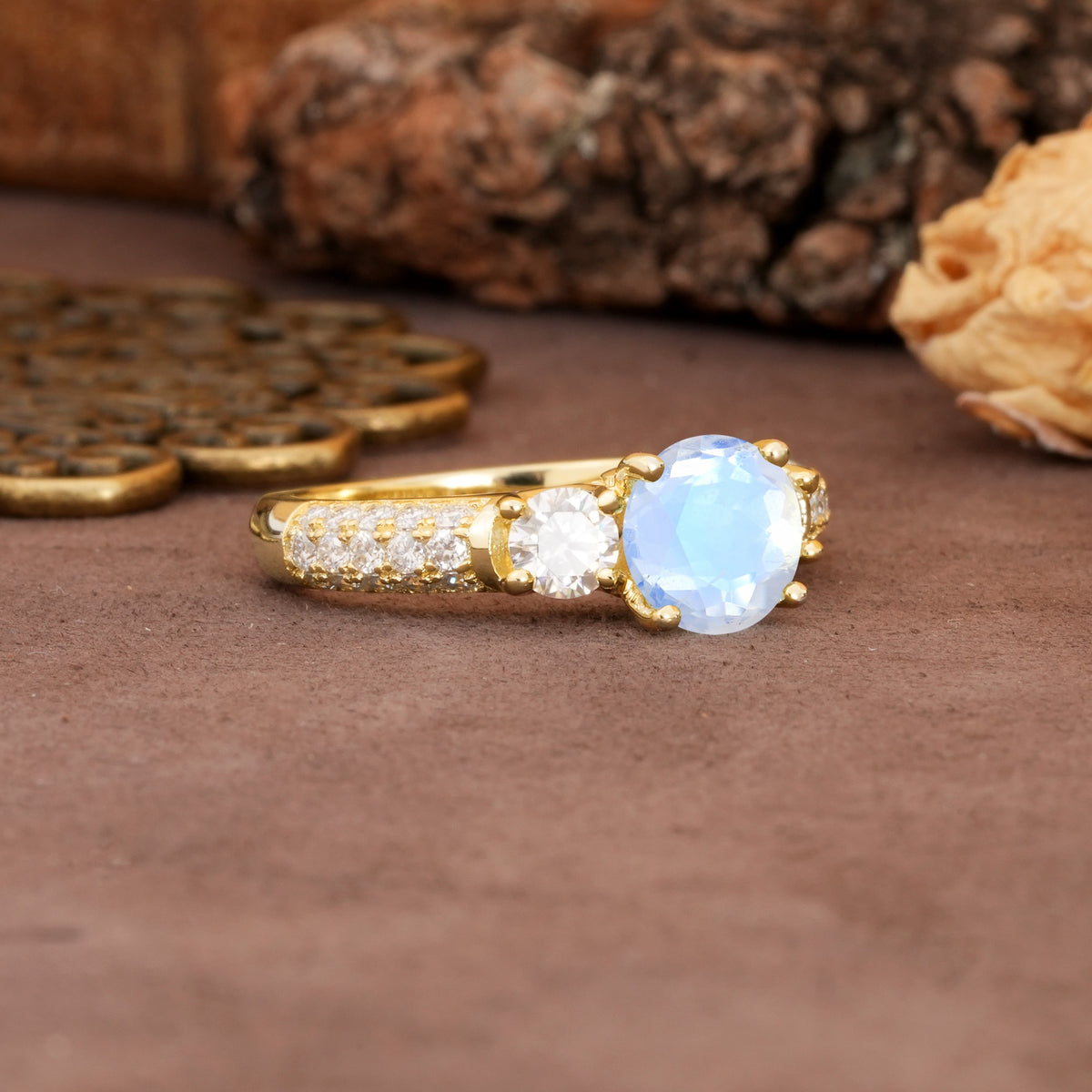 Luxurious Vintage Style Pavé Set Band, 4 Prong Round Cut Moonstone Three Stone Wedding Ring - Additional view