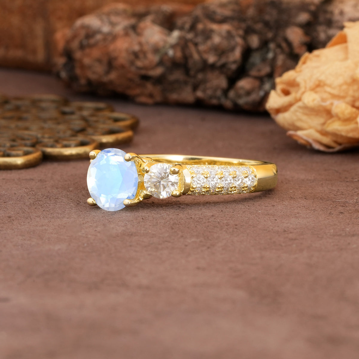 Luxurious Vintage Style Pavé Set Band, 4 Prong Round Cut Moonstone Three Stone Wedding Ring - Additional view
