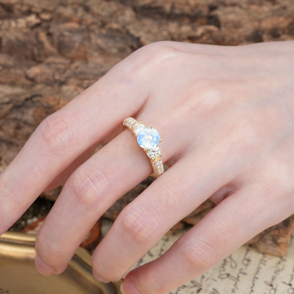 Luxurious Vintage Style Pavé Set Band, 4 Prong Round Cut Moonstone Three Stone Wedding Ring - Additional view