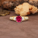 Luxurious Vintage Style Pavé Set Band, 4 Prong Round Cut Ruby Three Stone Wedding Ring - Additional view