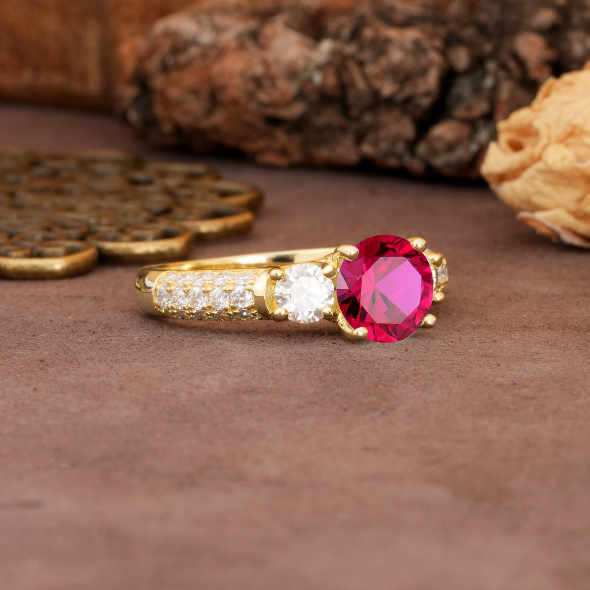 Luxurious Vintage Style Pavé Set Band, 4 Prong Round Cut Ruby Three Stone Wedding Ring - Additional view