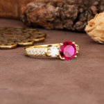 Luxurious Vintage Style Pavé Set Band, 4 Prong Round Cut Ruby Three Stone Wedding Ring - Additional view