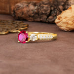Luxurious Vintage Style Pavé Set Band, 4 Prong Round Cut Ruby Three Stone Wedding Ring - Additional view