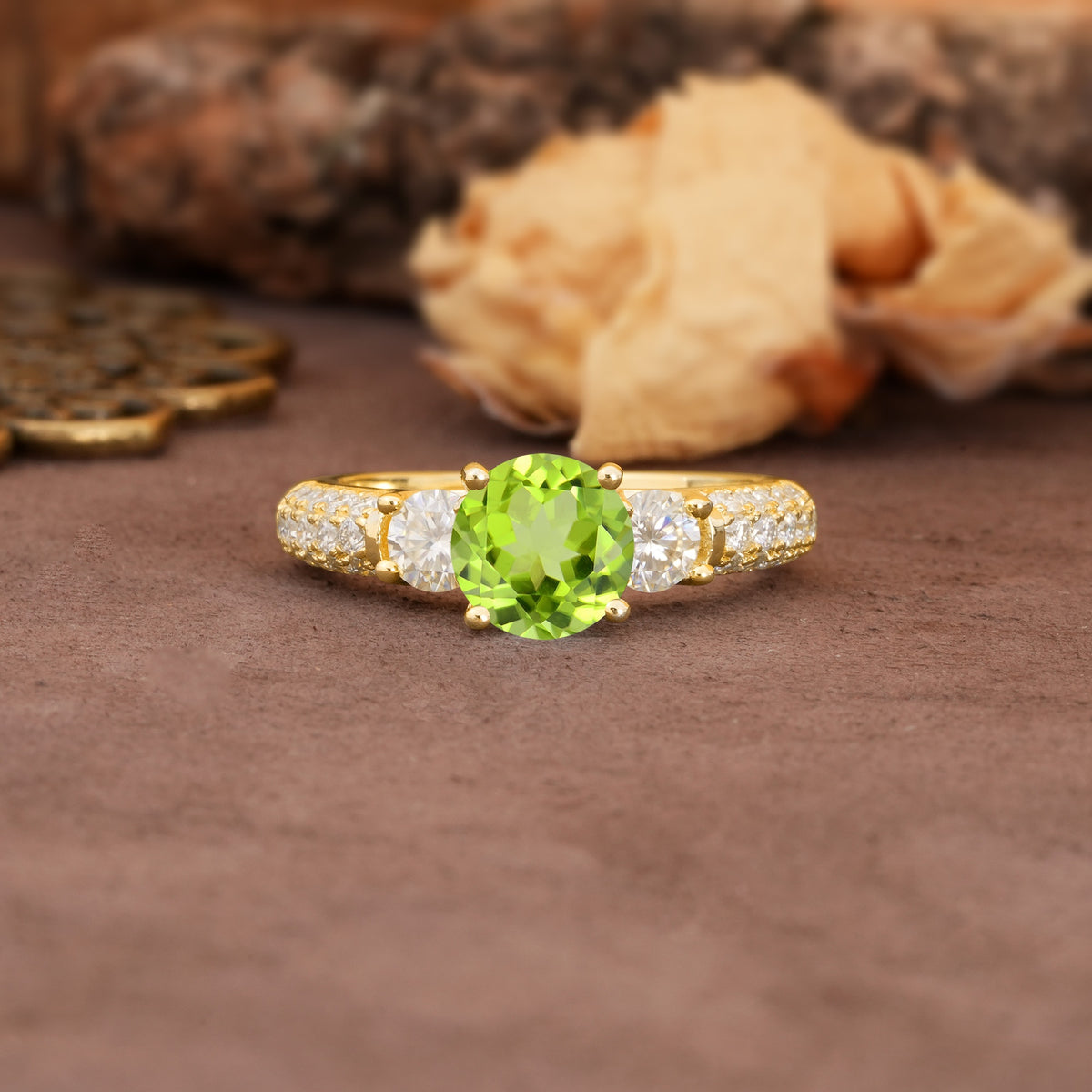 Luxurious Vintage Style Pavé Set Band, 4 Prong Round Cut Peridot Three Stone Wedding Ring - Additional view