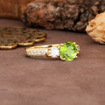 Luxurious Vintage Style Pavé Set Band, 4 Prong Round Cut Peridot Three Stone Wedding Ring - Additional view