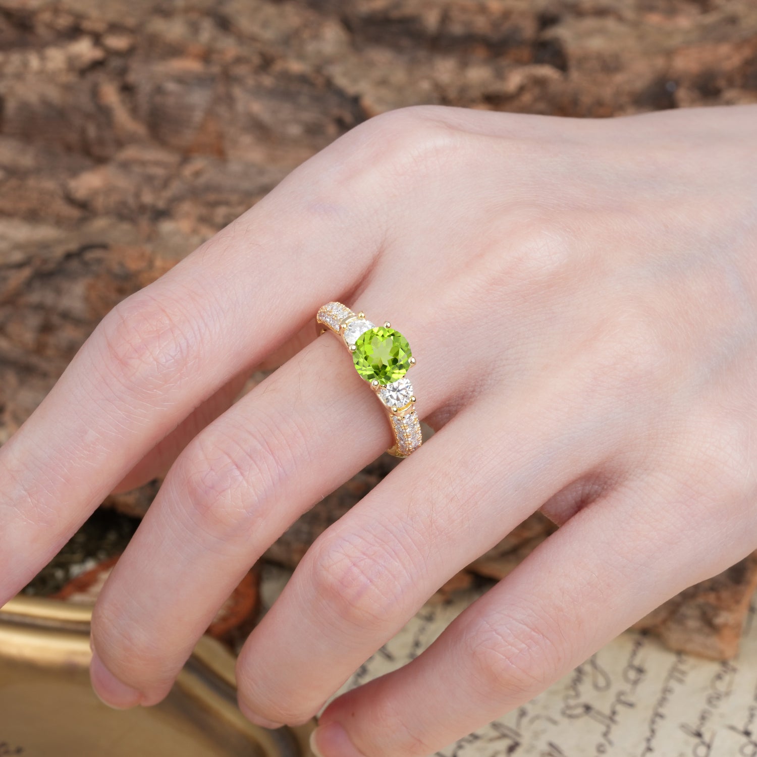 Luxurious Vintage Style Pavé Set Band, 4 Prong Round Cut Peridot Three Stone Wedding Ring
