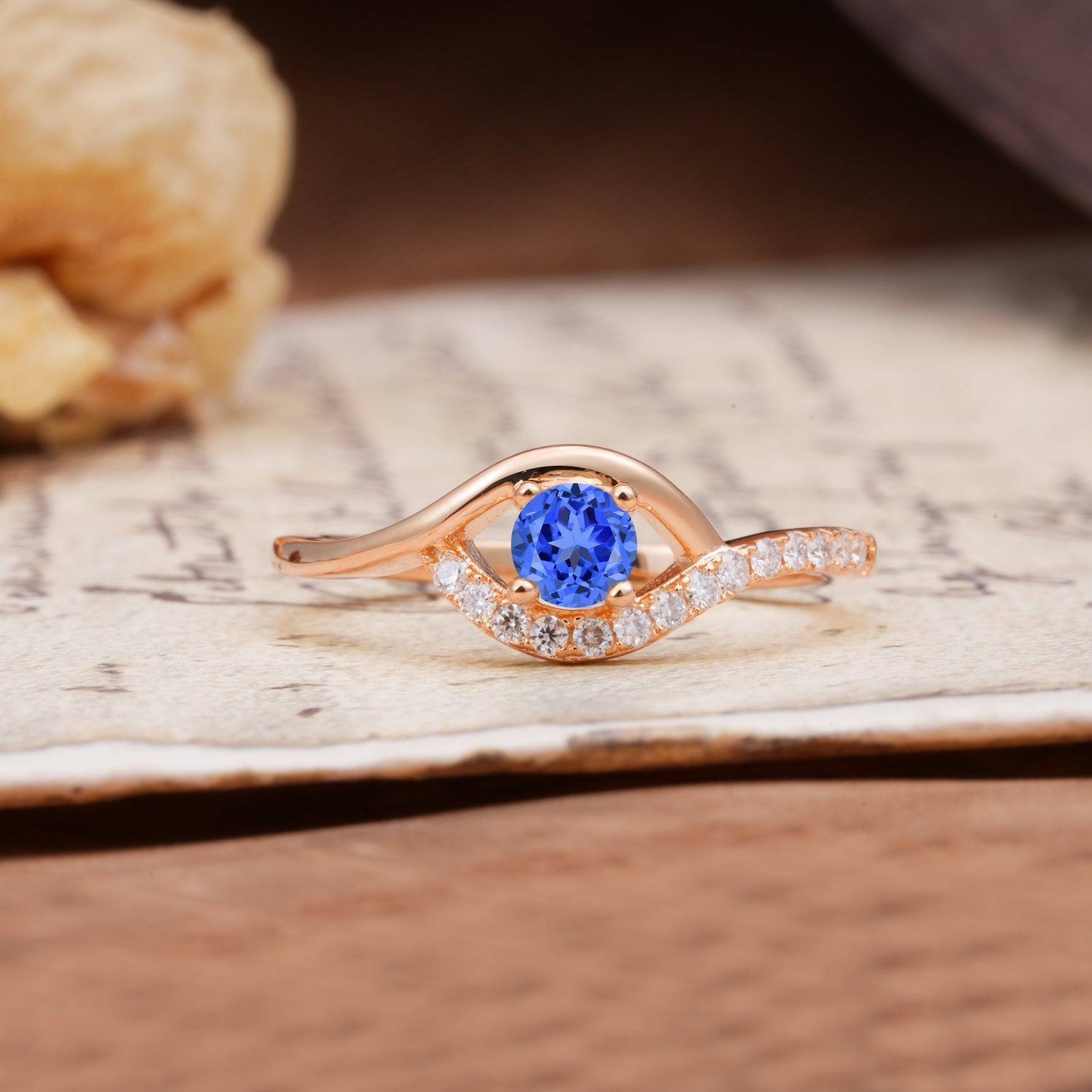 Unique Demon Eye 4-Prong Round Cut Sapphire Engagement Ring - Additional view