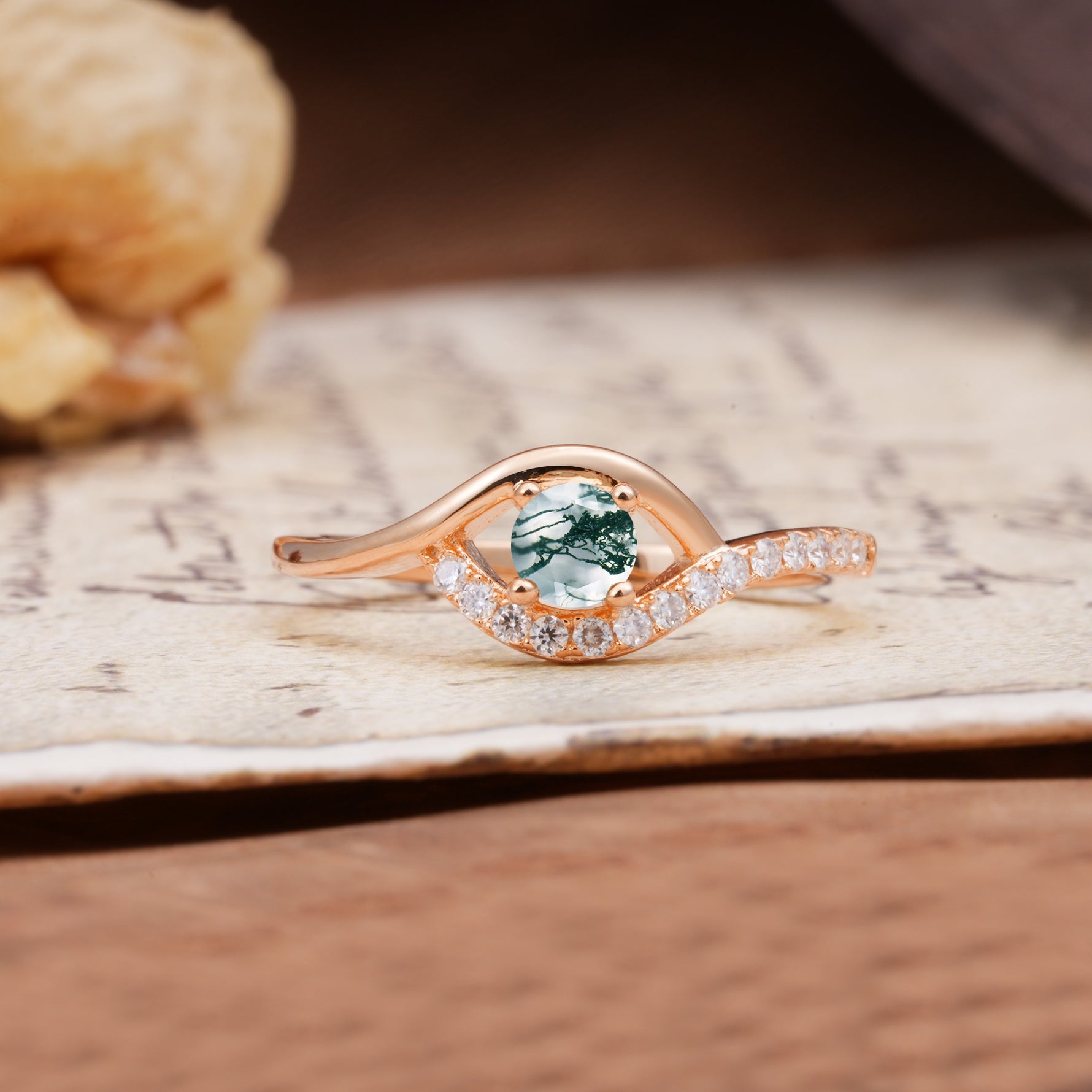 Unique Demon Eye 4-Prong Round Cut Moss Agate Engagement Ring - Additional view