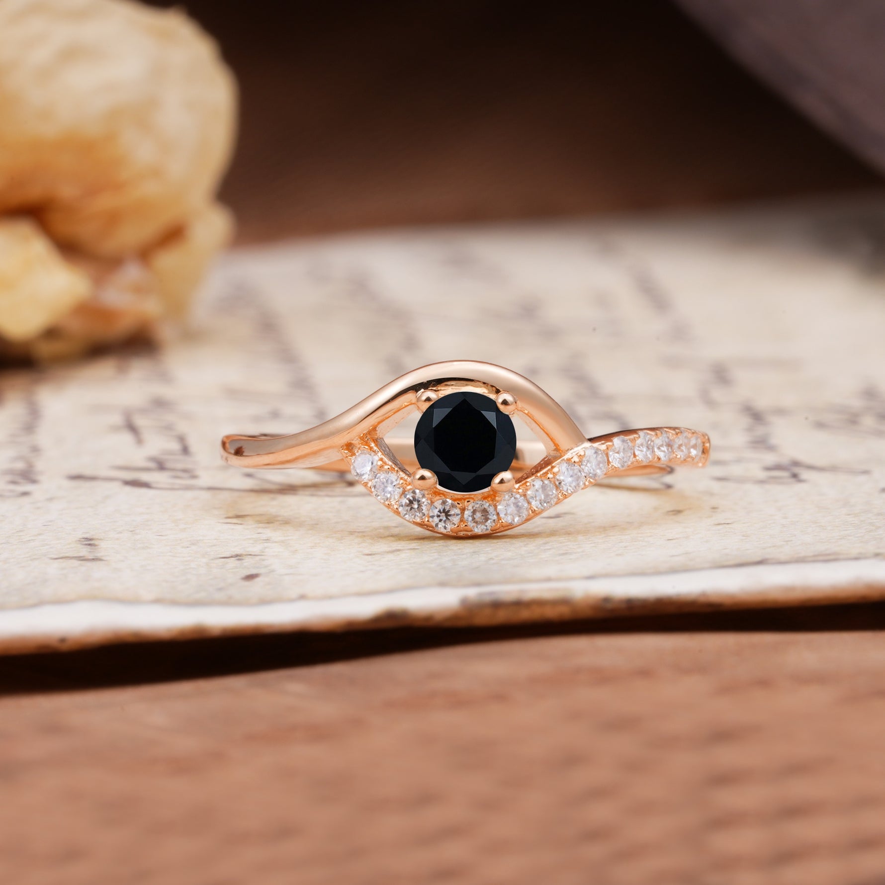 Unique Demon Eye 4-Prong Round Cut Black Onyx Engagement Ring - Additional view