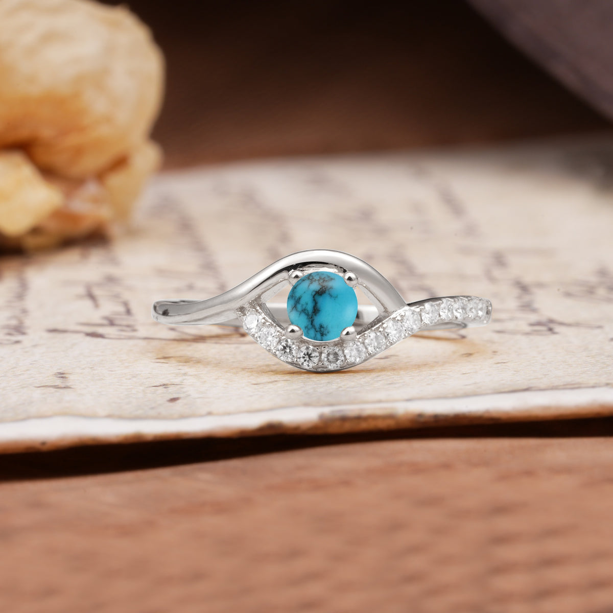 Unique Demon Eye 4-Prong Round Cut Turquoise Engagement Ring - Additional view
