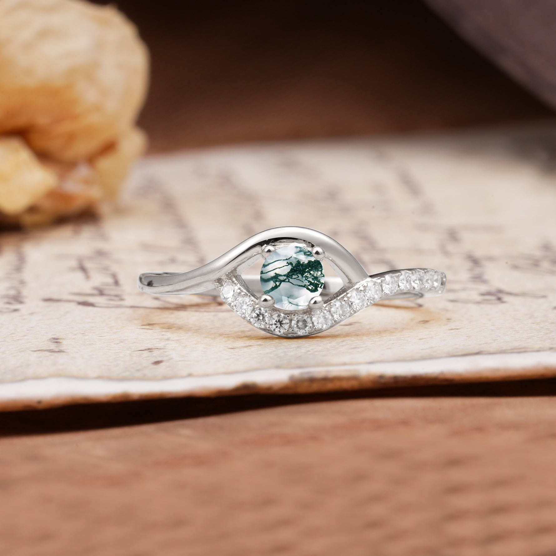 Unique Demon Eye 4-Prong Round Cut Moss Agate Engagement Ring - Additional view