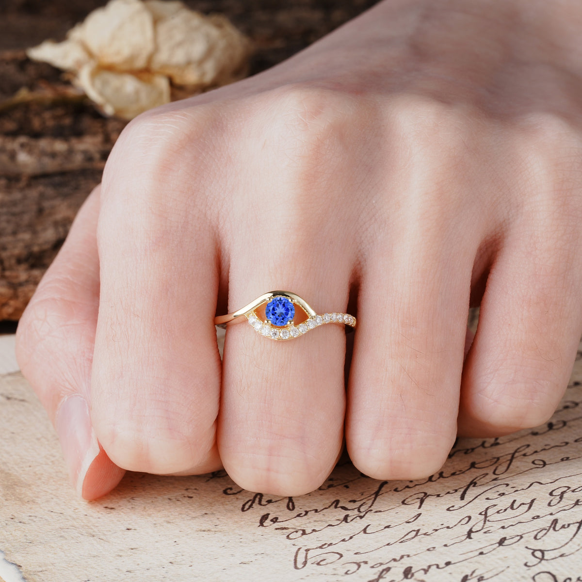 Unique Demon Eye 4-Prong Round Cut Sapphire Engagement Ring - Additional view