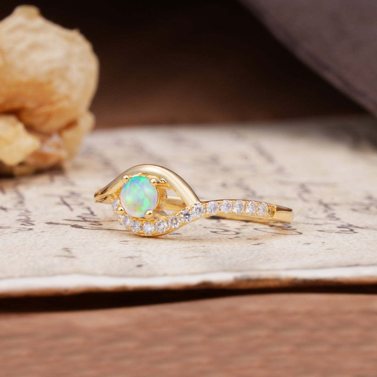 Unique Demon Eye 4-Prong Round Cut Fire Opal Engagement Ring - Additional view