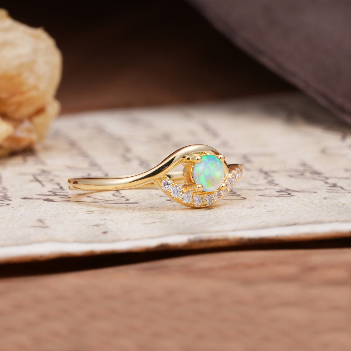 Unique Demon Eye 4-Prong Round Cut Fire Opal Engagement Ring - Additional view