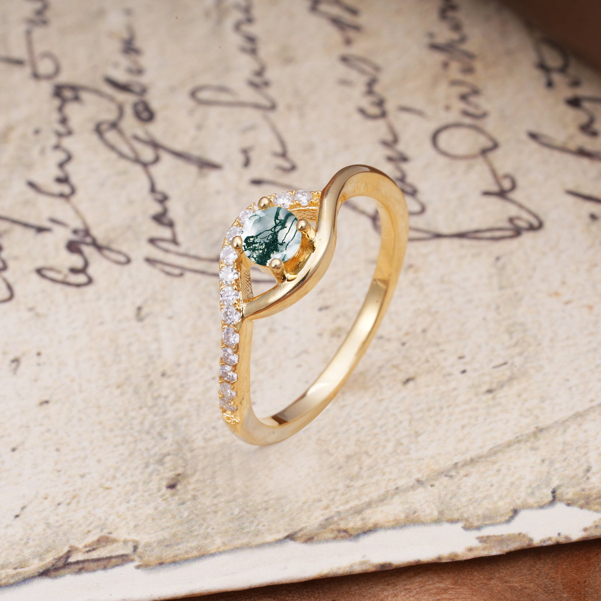 Unique Demon Eye 4-Prong Round Cut Moss Agate Engagement Ring - Additional view