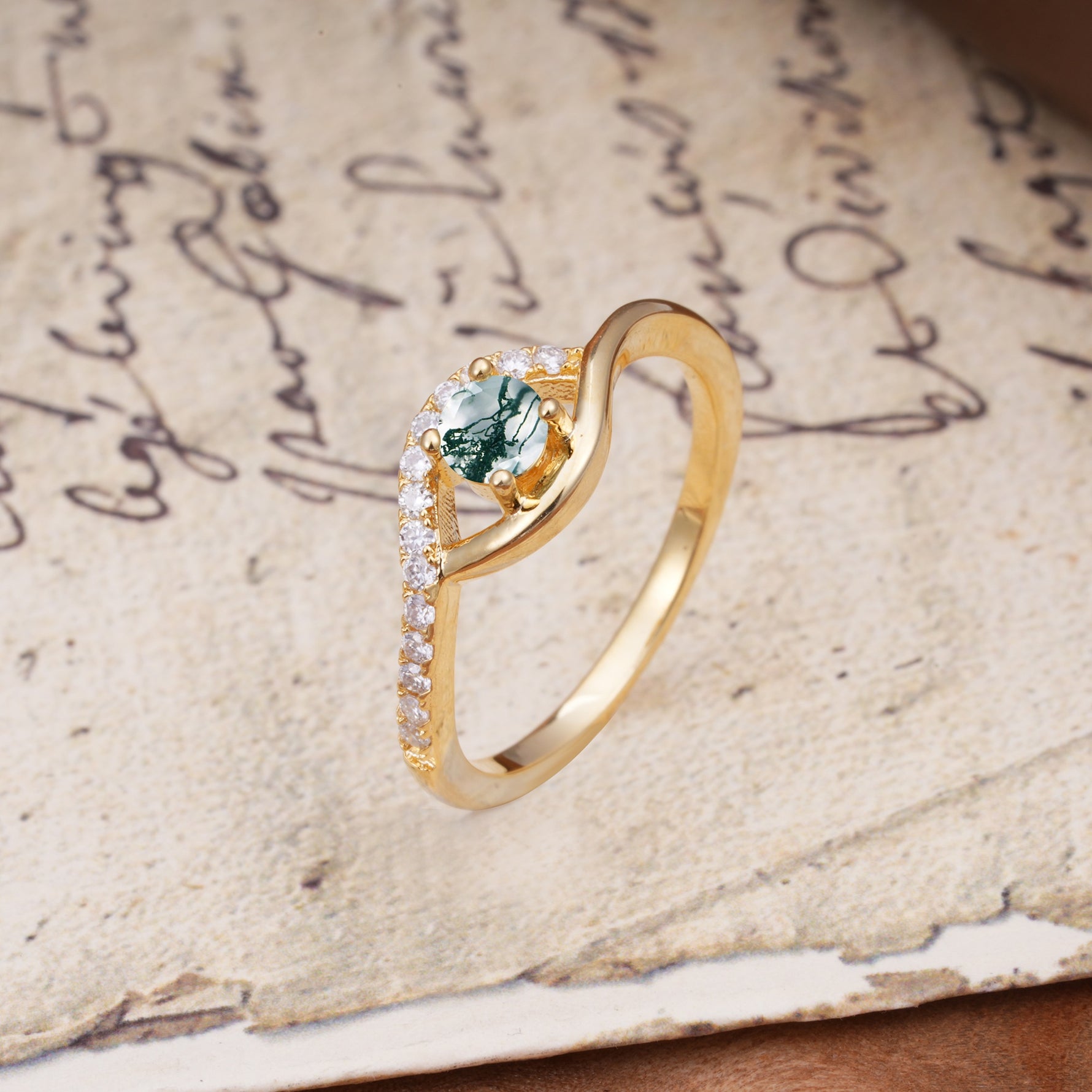Unique Demon Eye 4-Prong Round Cut Moss Agate Engagement Ring - Additional view