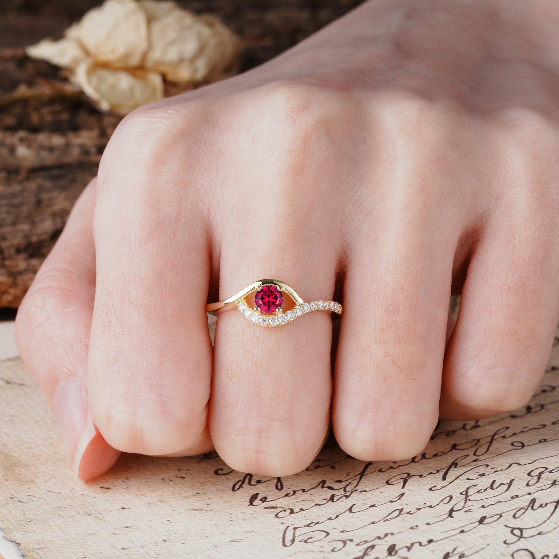 Unique Demon Eye 4-Prong Round Cut Ruby Engagement Ring - Additional view