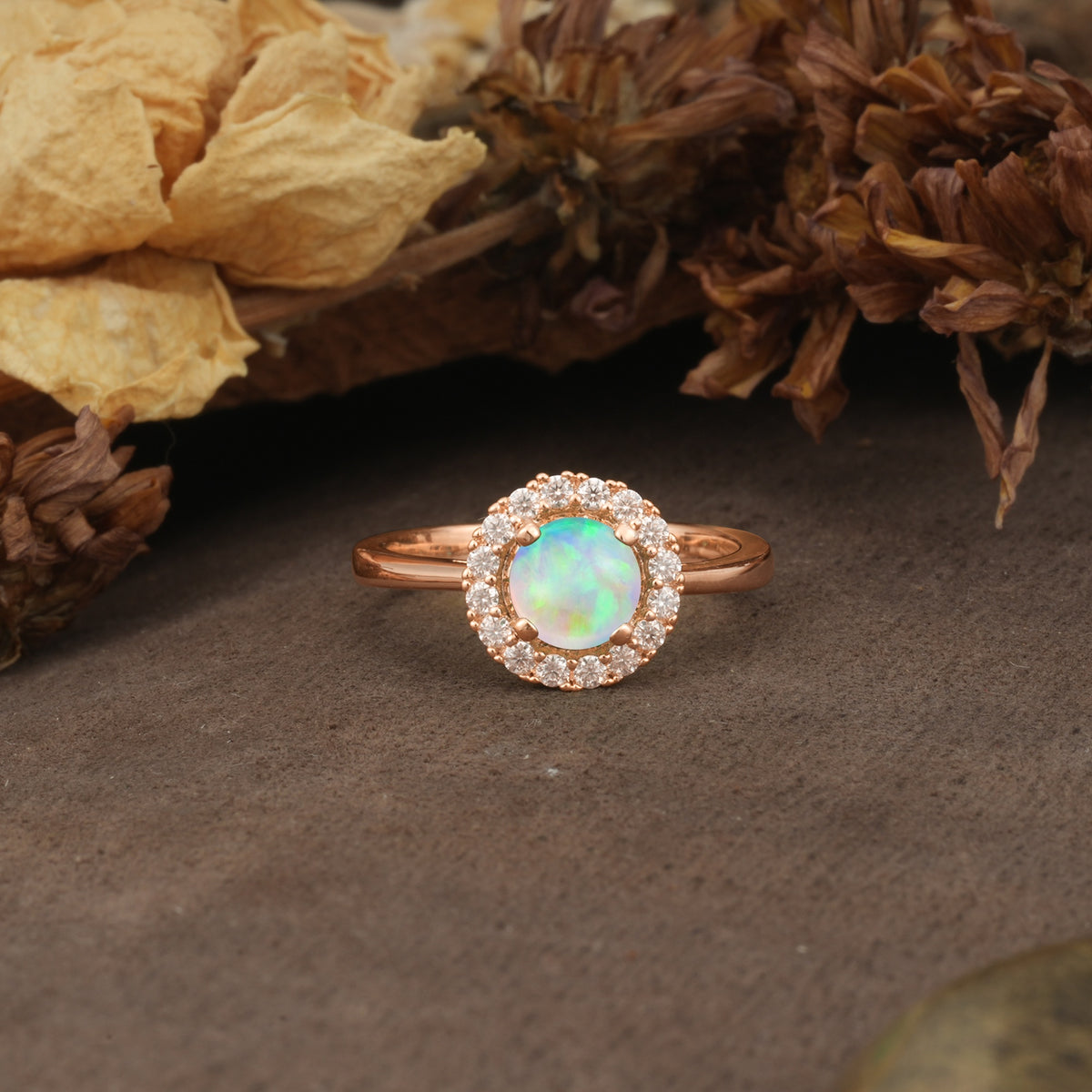 Unique and Luxurious 4-Prong Round Cut Fire Opal Engagement Ring - Additional view
