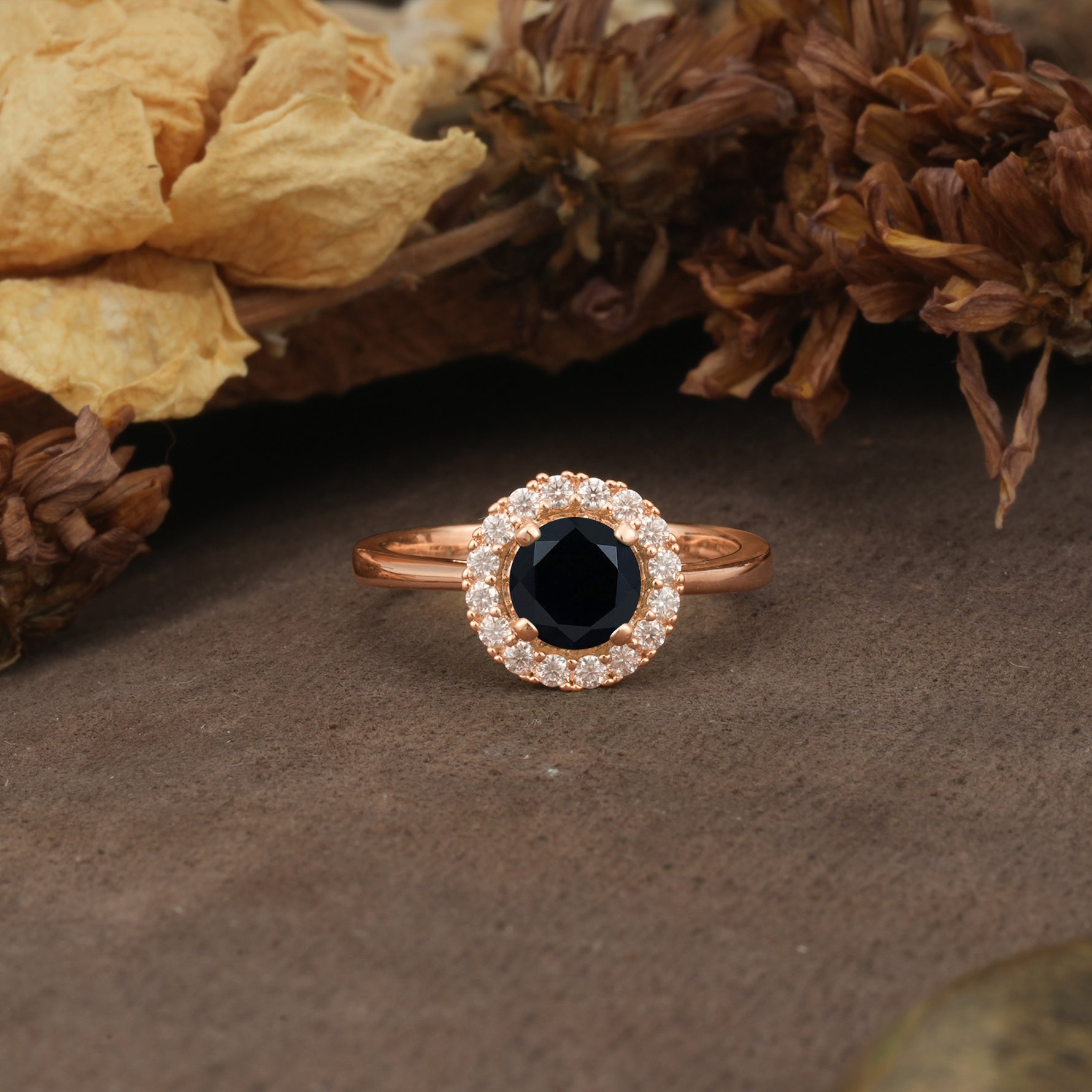 Unique and Luxurious 4-Prong Round Cut Black Onyx Engagement Ring - Additional view