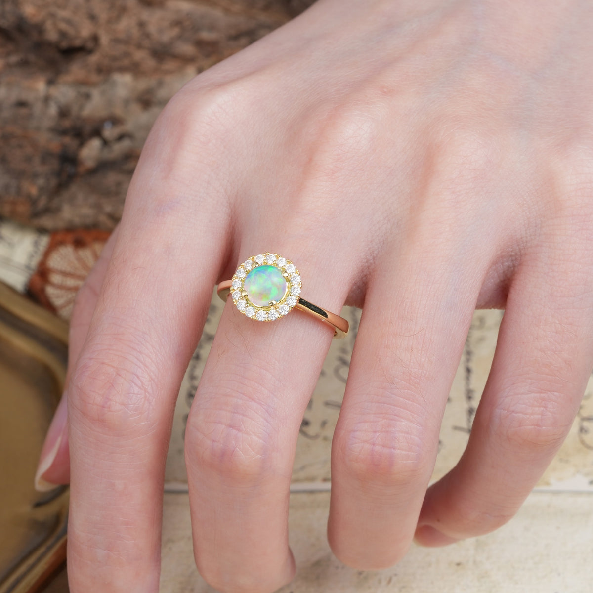 Unique and Luxurious 4-Prong Round Cut Fire Opal Engagement Ring - Additional view