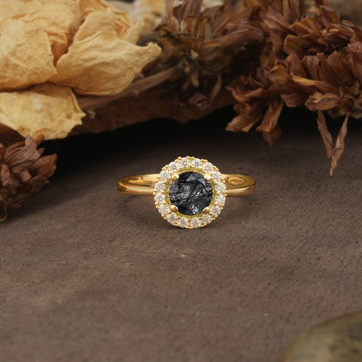 Unique and Luxurious 4-Prong Round Cut Black Rutilated Quartz Engagement Ring - Additional view