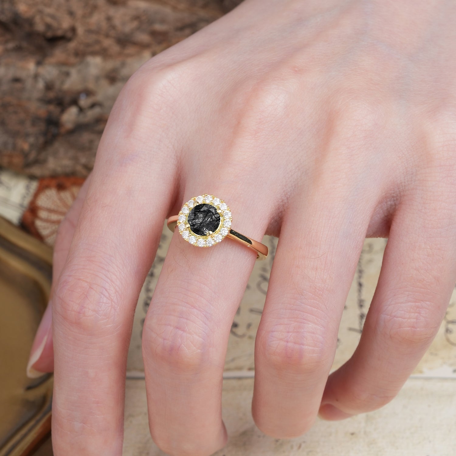 Unique and Luxurious 4-Prong Round Cut Black Rutilated Quartz Engagement Ring - Additional view