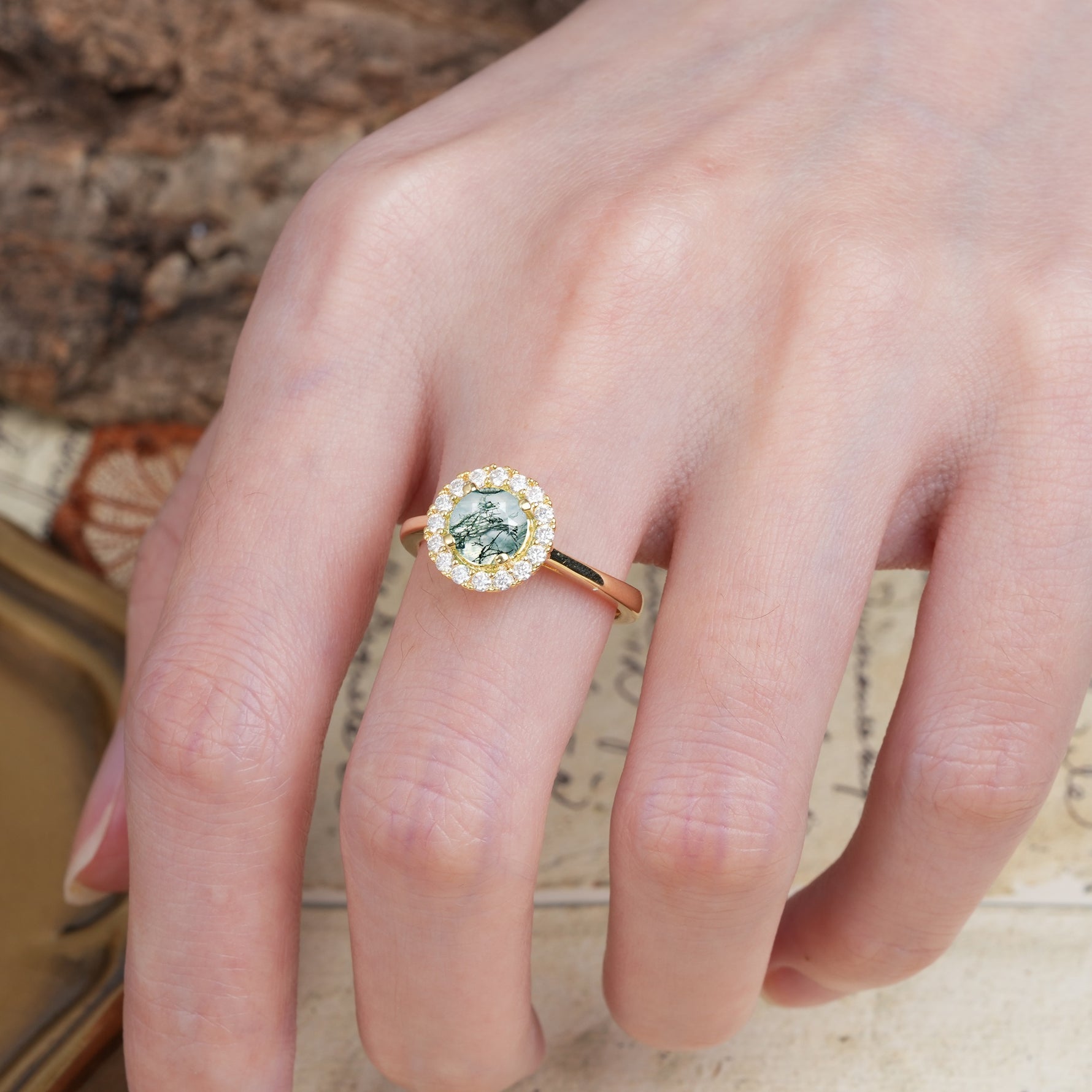 Unique and Luxurious 4-Prong Round Cut Moss Agate Engagement Ring - Additional view