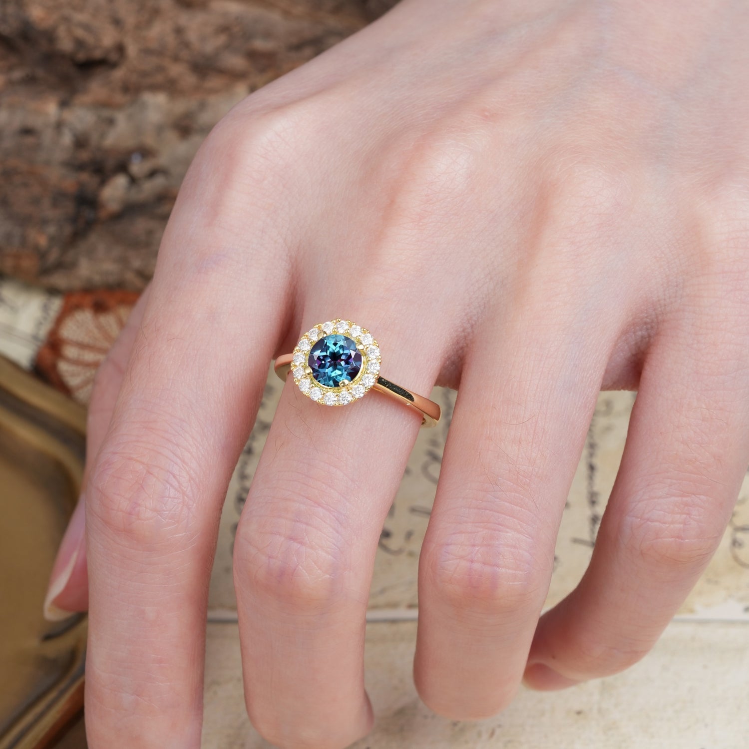 Unique and Luxurious 4-Prong Round Cut Alexandrite Engagement Ring - Additional view