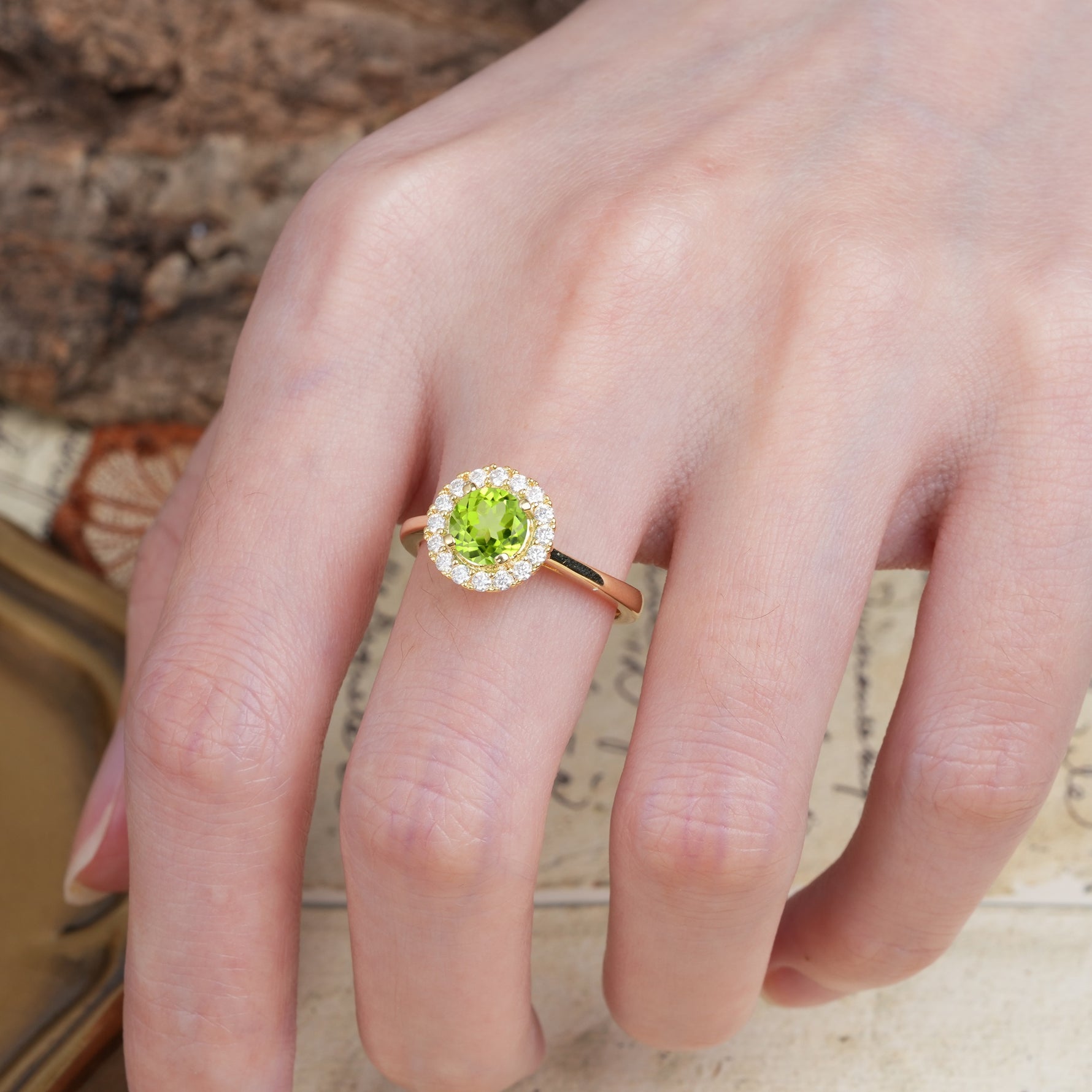 Unique and Luxurious 4-Prong Round Cut Peridot Engagement Ring - Additional view