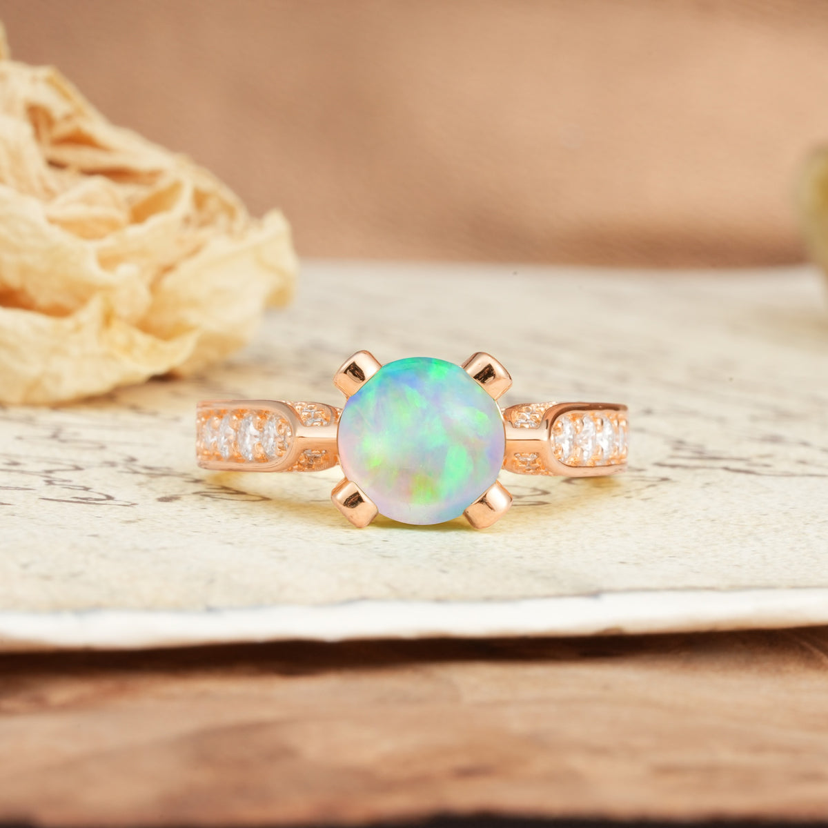 Classic Vintage 4-Prong Round Cut Fire Opal Engagement Ring - Additional view